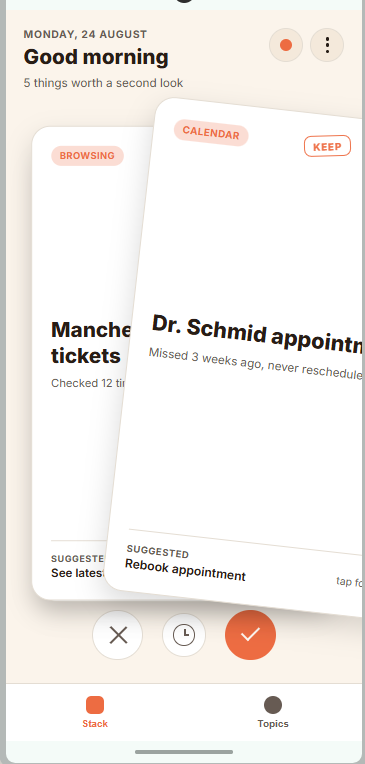 Closure's swipeable recap cards for stale browser tabs and calendar events