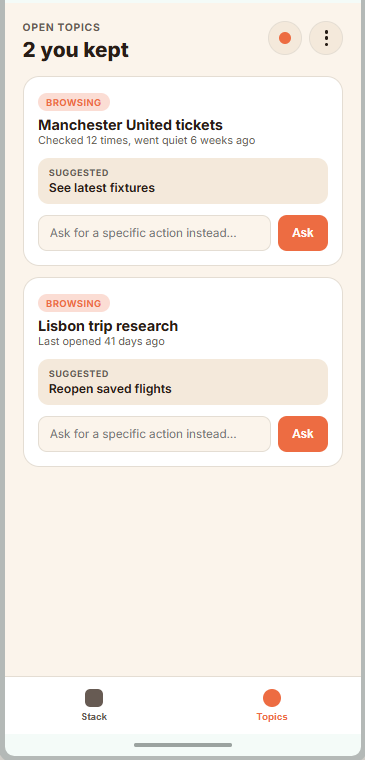 Closure's list of kept topics with a suggested next action