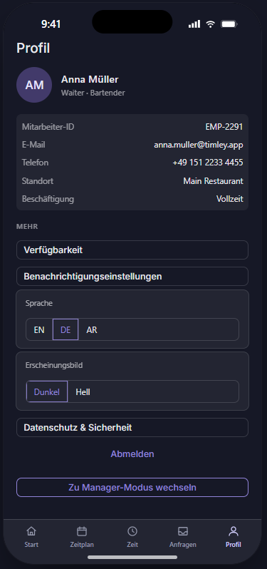 Timley employee profile screen